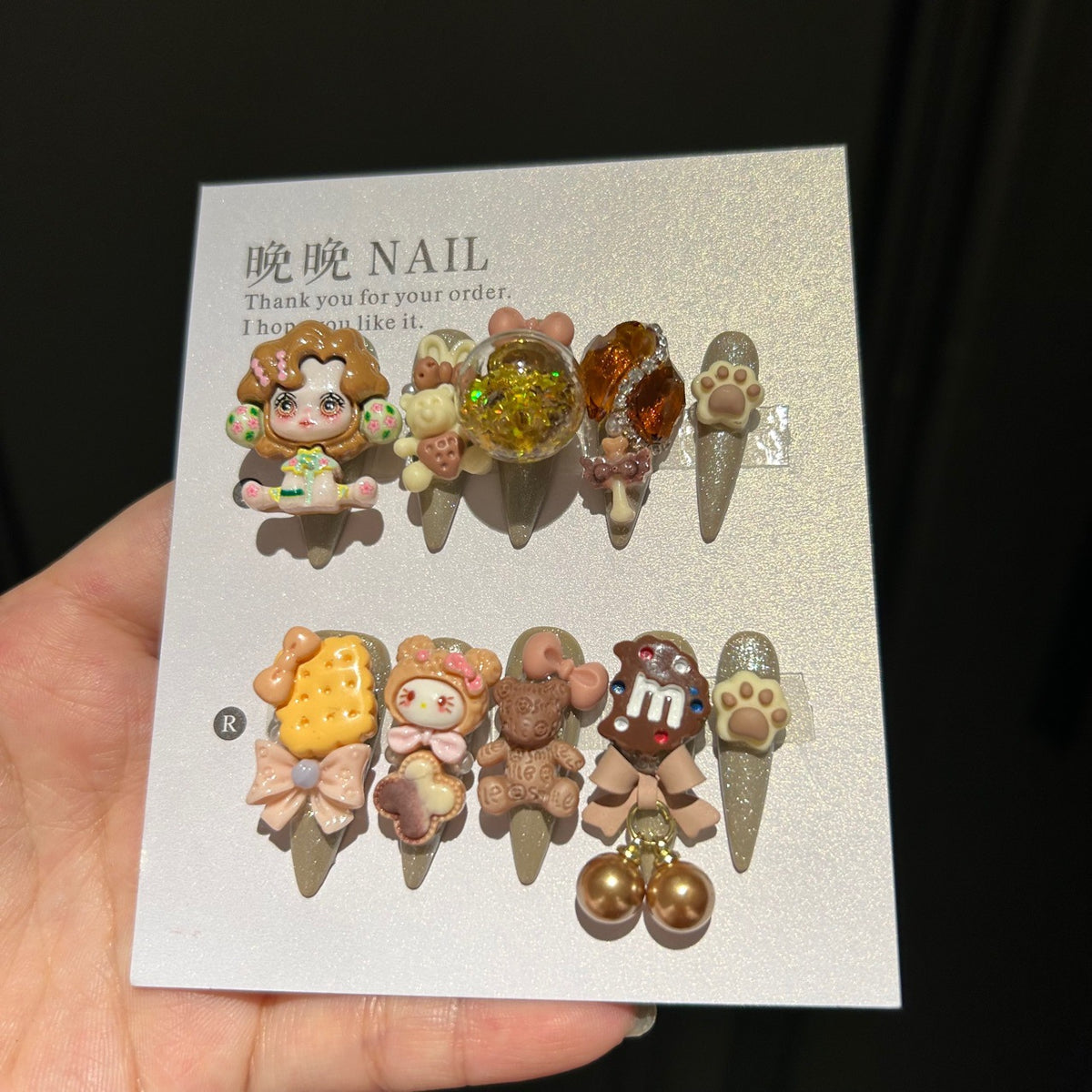 Handmade Brown Kawaii Doll Bear Cookie Long Stiletto Press On Nails with 3D Resin Charms