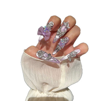 Handmade Lavender Metallic Long Stiletto Press On Nails with Iridescent 3D Roses, Glitter Bows, Rhinestone Butterfly & Crown Charms, Pearl Accents