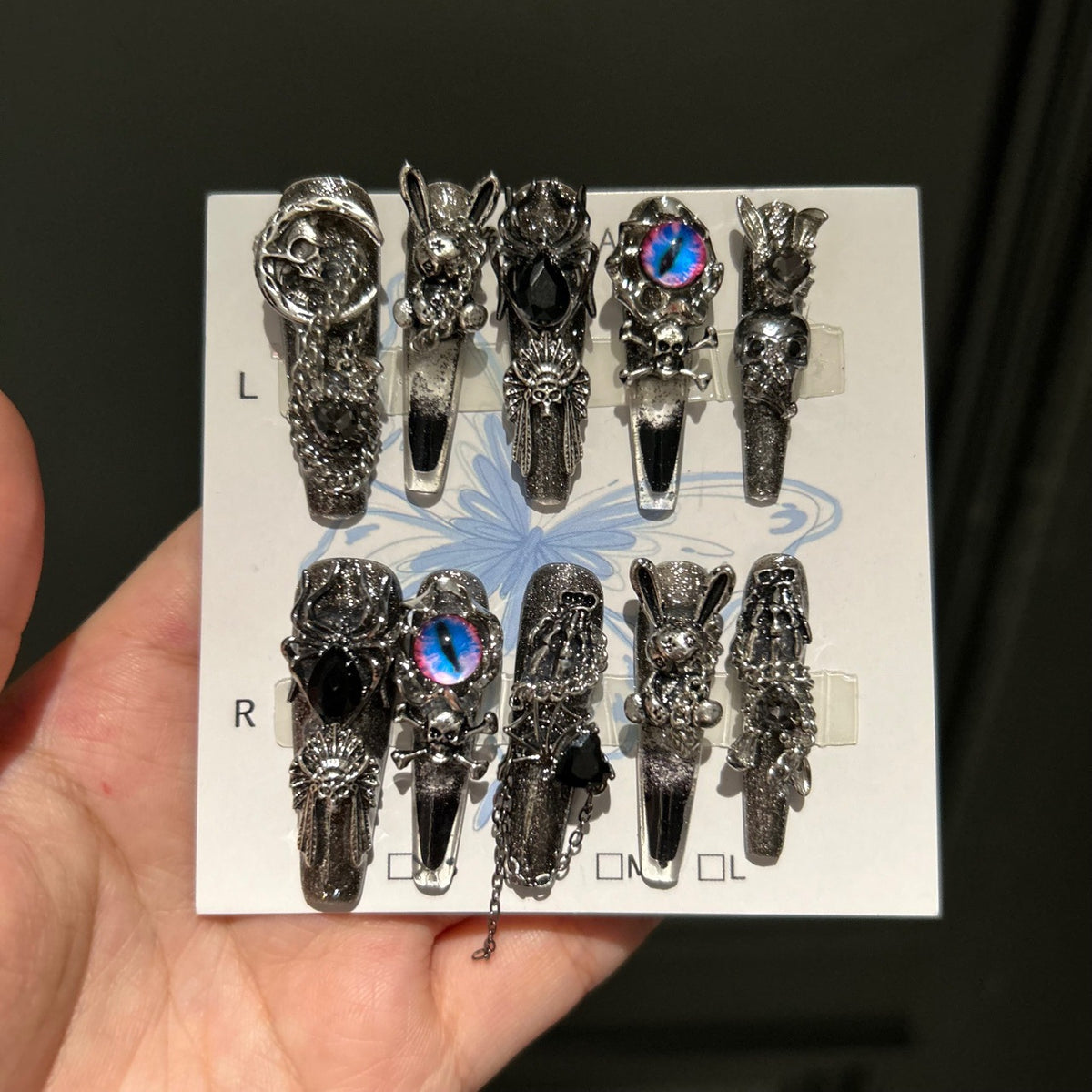 Handmade Black Smoky Glitter Long Coffin Press On Nails with Demon Eye, Skull, Spider & Gothic Rabbit Metal Charms