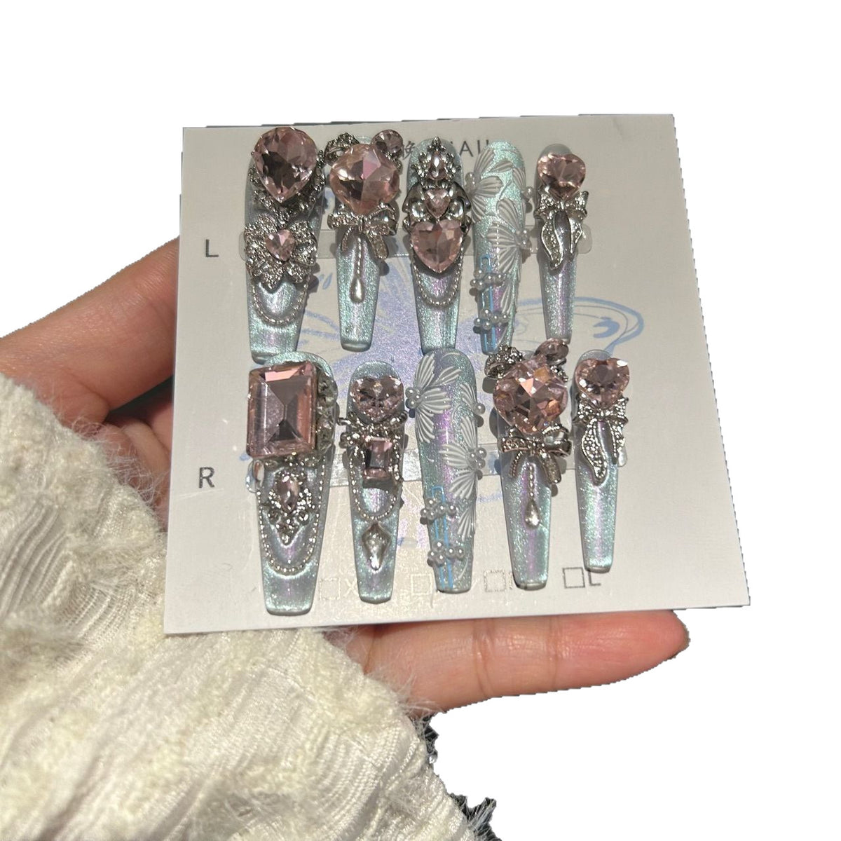 Handmade Light Blue Pink Heart Crystal Long Coffin Press On Nails with Butterfly & Pearls