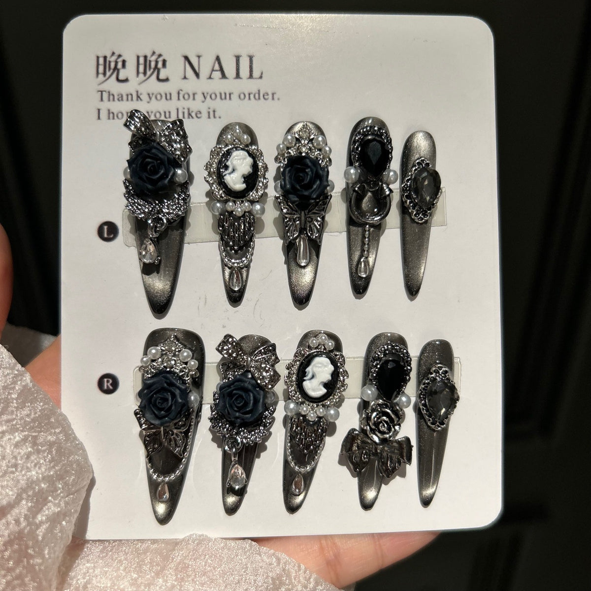 Handmade Gunmetal Metallic Long Stiletto Press On Nails with 3D Black Roses, Vintage Cameo Portrait Charms, Rhinestone Bows, Pearls & Crystal Drops