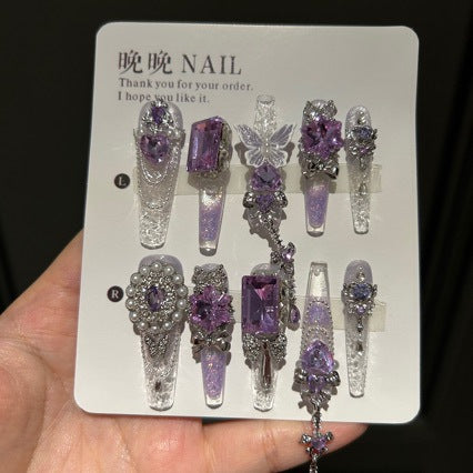 Handmade Clear Glitter Lavender Gradient Long Coffin Press On Nails with Purple Crystal & 3D Butterfly Charms