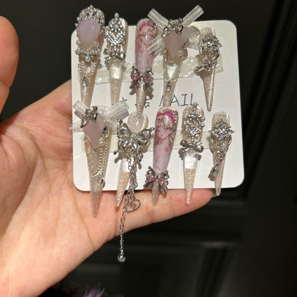 Handmade Champagne Glitter Long Stiletto Press On Nails, Anime Girl Print False Nails with Pink Heart Gems, Bow & Dangling Chains