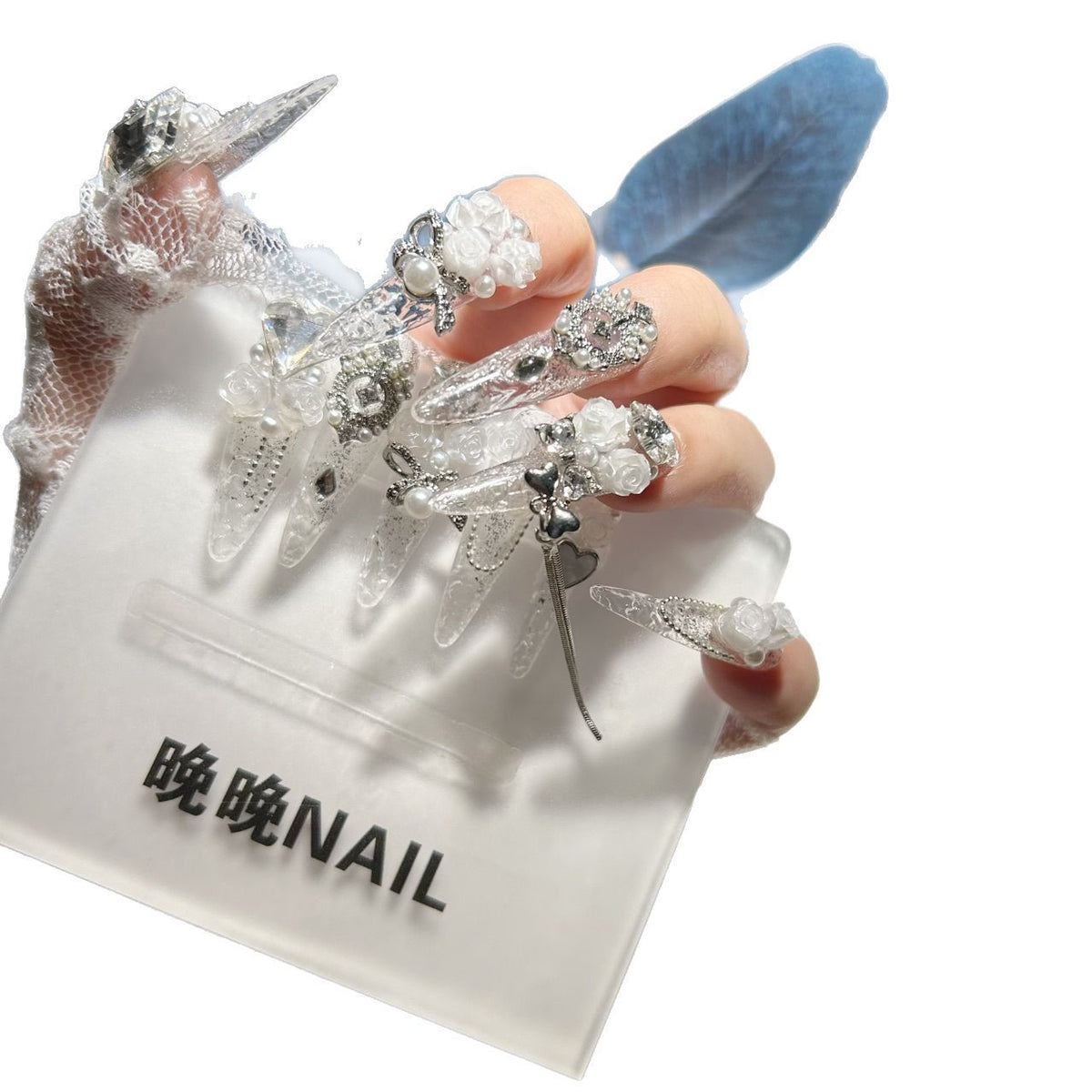 Handmade Clear Glitter White Rose Long Stiletto Press On Nails with Pearls & Silver Rhinestone Charms