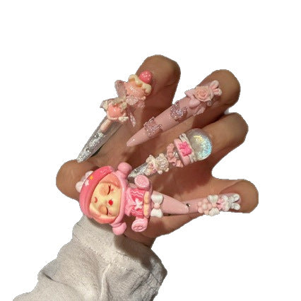 Handcrafted Luxury Kawaii Press-on Nails - Sweet Pink Theme with 3D Anime Figures, Bunnies and Bows