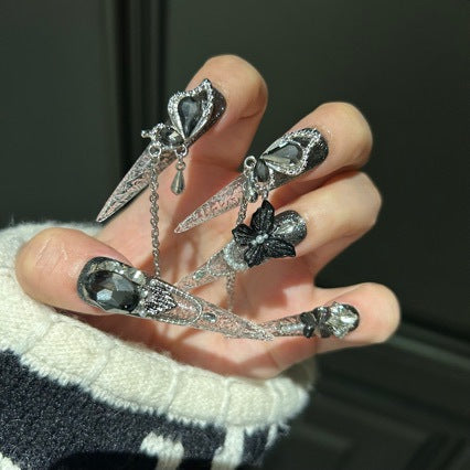 Handmade Gothic Butterfly Press On Nails, Long Stiletto Silver Black Gradient Glitter False Nails with Dangling Metal Chain Charms, Reusable Fake Nails for Party Cosplay