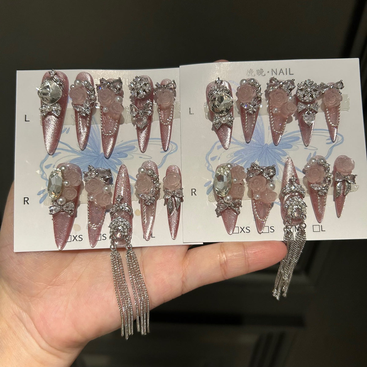 Handmade Dusty Pink Cat Eye Long Stiletto Press On Nails with Frosted 3D Pink Roses, Big Rhinestones, Pearl Accents & Long Silver Tassel Chains