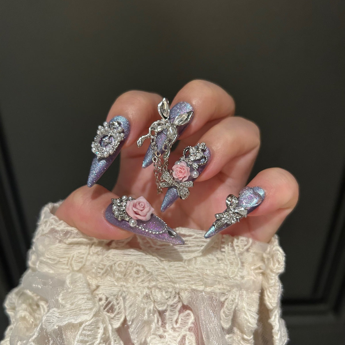 Handmade Smoky Grey Press On Nails | Luxury Dark Cat Eye & 3D Butterfly Reusable Fake Nails, Heavy Industry Rhinestone Nail Art