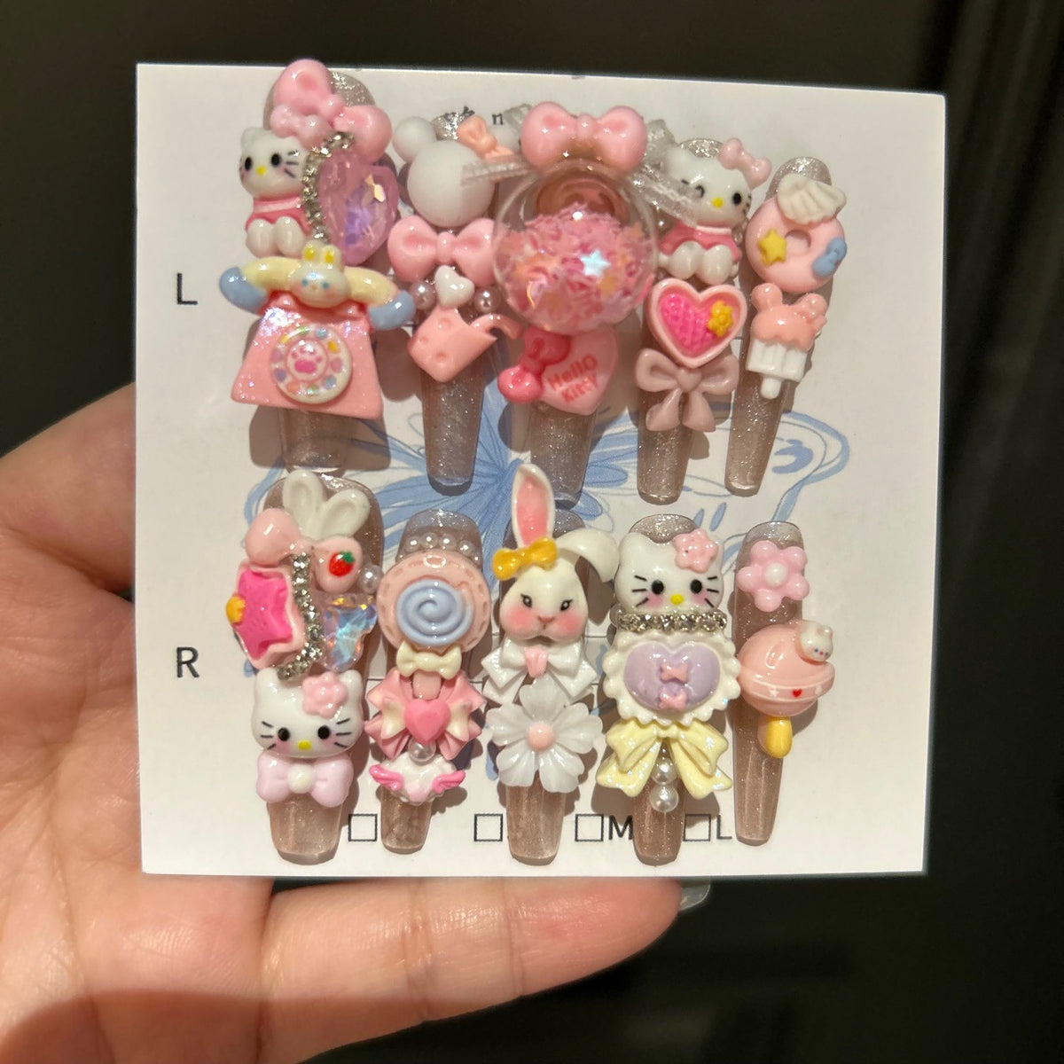 Handmade Pink Kawaii 3D Cartoon Long Stiletto Press On Nails with Hello Kitty, Bunny, Candy & Shaker Bubble Charms
