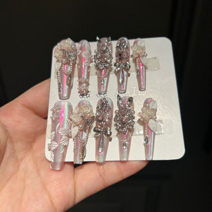 Handmade Pink Aurora Long Coffin Press On Nails, 3D White Rose False Nails with Large Pink Gems, Pearls & Silver Rhinestones