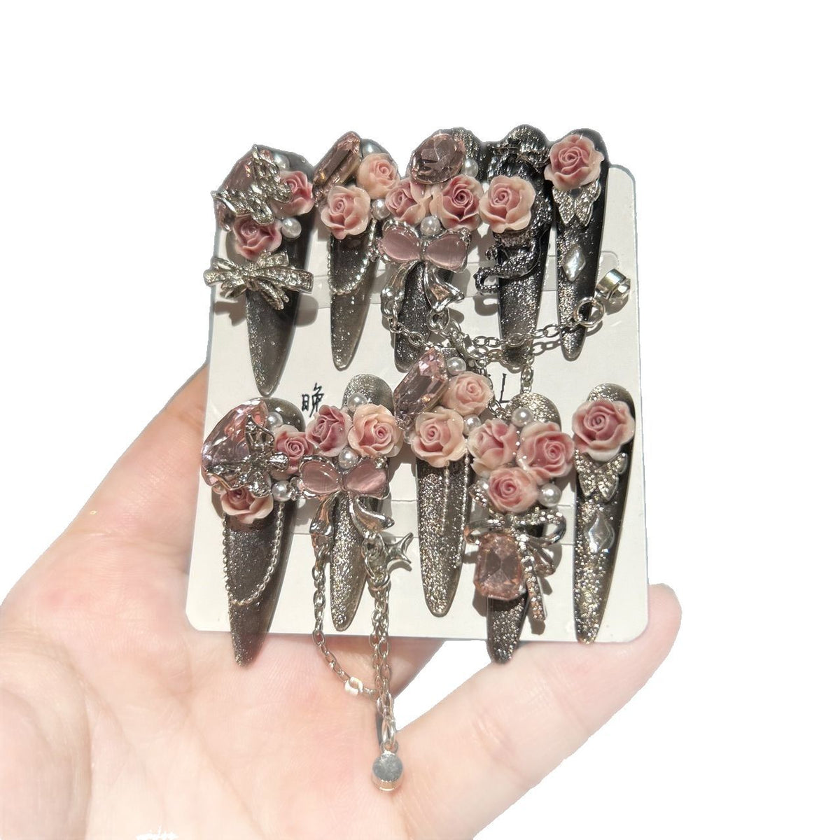 Handmade Dark Glitter Long Stiletto Press On Nails with 3D Dusty Pink Roses, Pink Crystal Charms, Bows, Butterfly Rhinestones & Interlinked Silver Chains