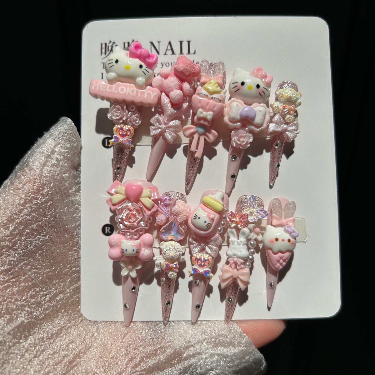 Handmade Pink Glitter Kawaii Long Stiletto Press On Nails with Hello Kitty Charms, 3D Bunnies, Bears, Bows, Roses & Iridescent Rhinestones