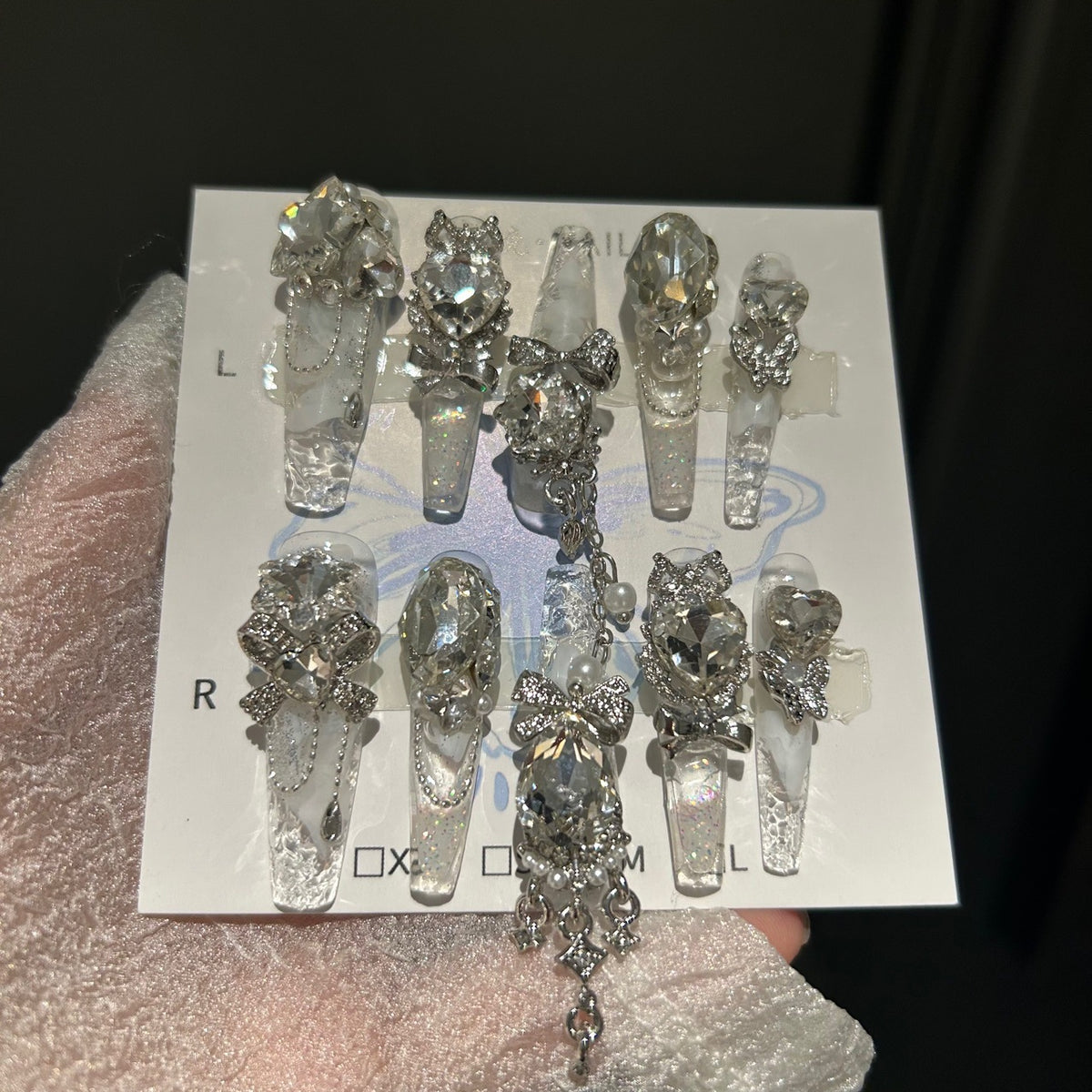 Handmade Clear Glitter Long Coffin Press On Nails with Huge Silver Crystal & Rhinestone Bow Charms