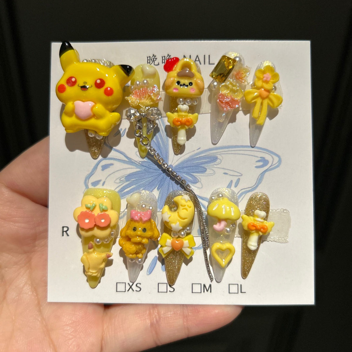 Handcrafted Designer Cartoon Press-on Nails - Shimmering Cat Eye Base with Heavy 3D Pikachu, Puppies and Cute Accessories
