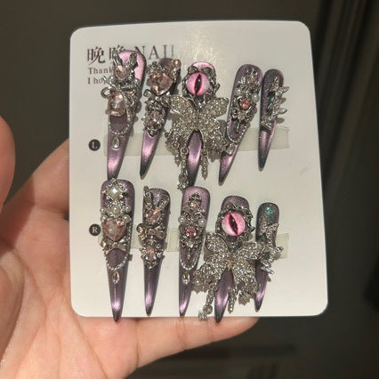 Handmade Purple Chameleon Evil Eye Long Stiletto Press On Nails with Rhinestone Bow & Crystals
