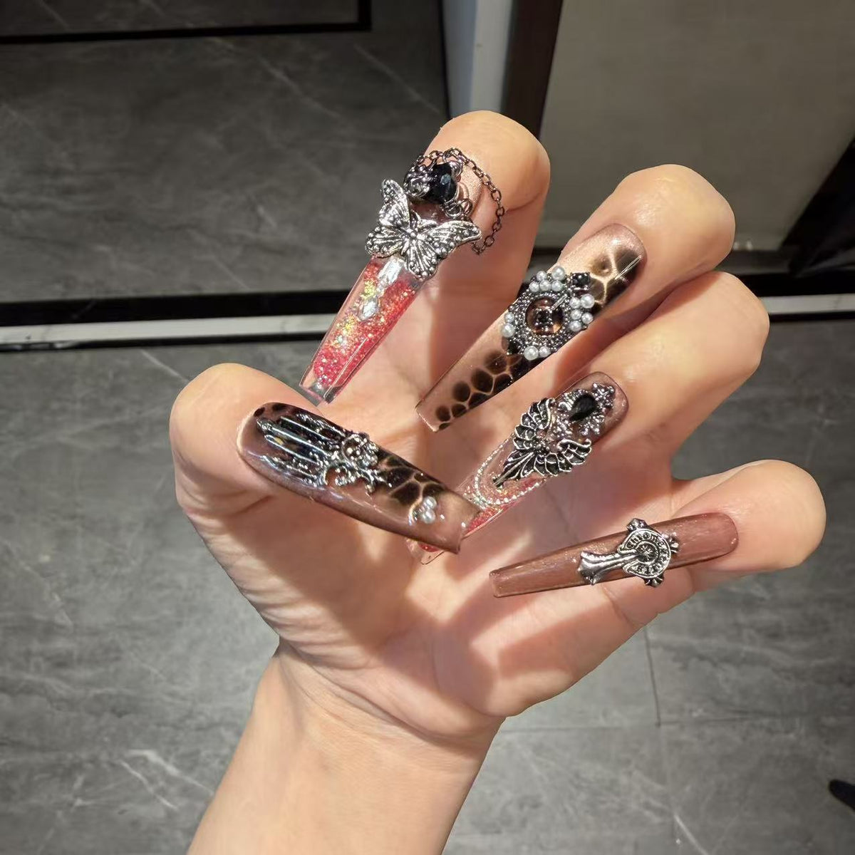 Handmade Leopard Print Champagne Long Coffin Press On Nails with Vintage Silver Cross, Wing & Dangling Chain Charms
