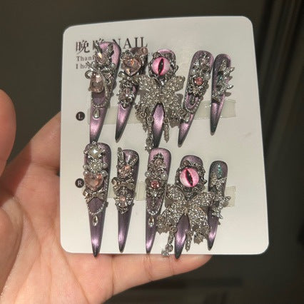 Handmade Purple Chameleon Evil Eye Long Stiletto Press On Nails with Rhinestone Bow & Crystals