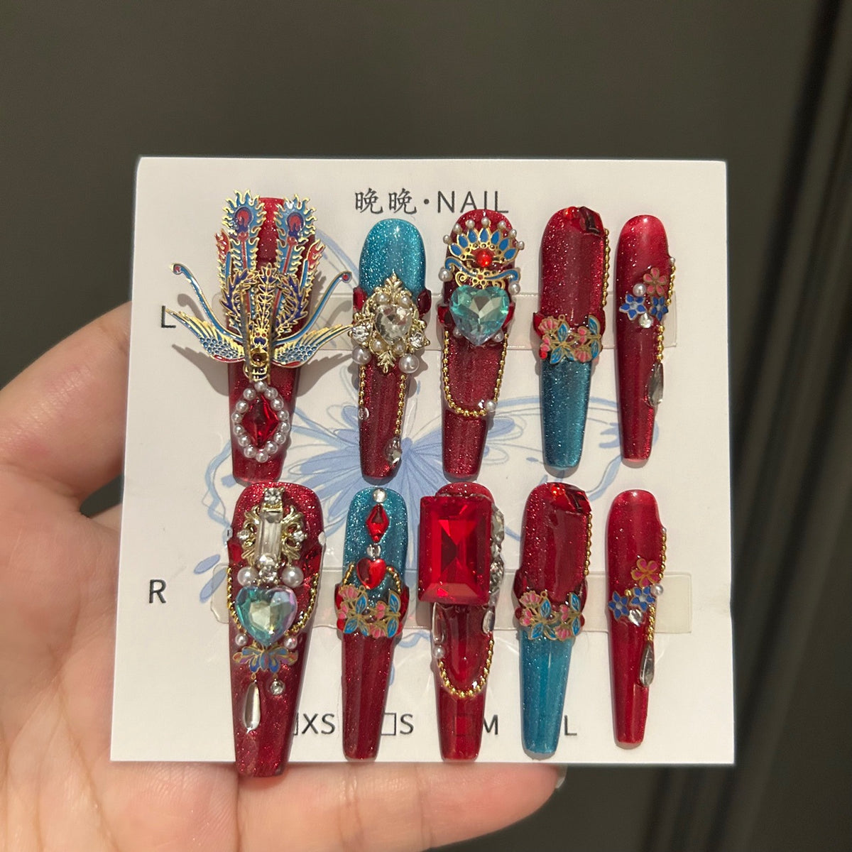 Handcrafted Designer Chinese Aesthetic Press-on Nails - Metallic Cat Eye Base with Heavy 3D Phoenix, Large Crystals and Chain Drops