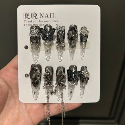 Handmade Gothic Butterfly Press On Nails, Long Stiletto Silver Black Gradient Glitter False Nails with Dangling Metal Chain Charms, Reusable Fake Nails for Party Cosplay