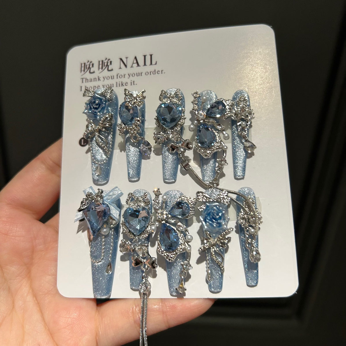 Handmade Blue Glitter Long Coffin Press On Nails with 3D Blue Roses, Large Blue Heart Crystals, Butterfly Charms, Pearls & Dangling Silver Chains