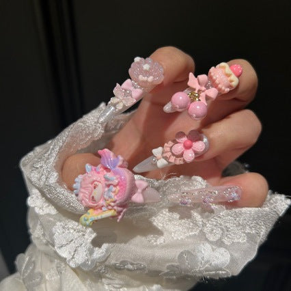 Handmade Pink Mermaid Cartoon Doll Long Stiletto Press On Nails with Cupcake, Cherry & Flower Charms