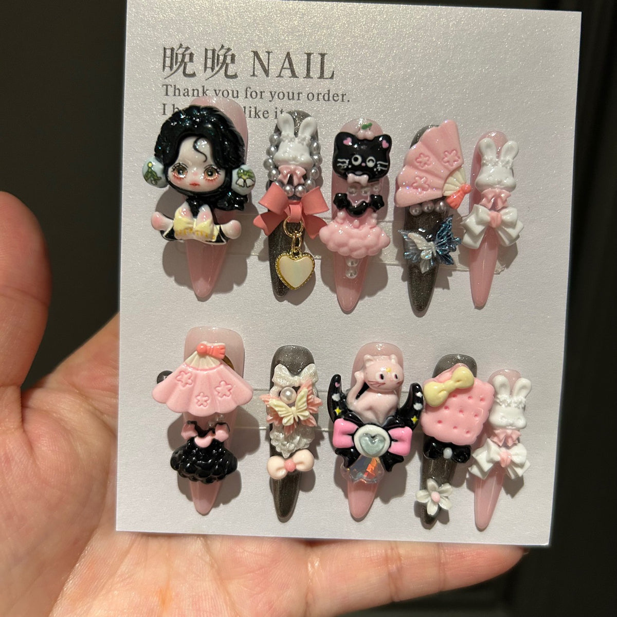 Handmade Kawaii Pink Long Stiletto Press On Nails with 3D Doll, Bunny & Black Cat Charms, Fan & Bow Decorations