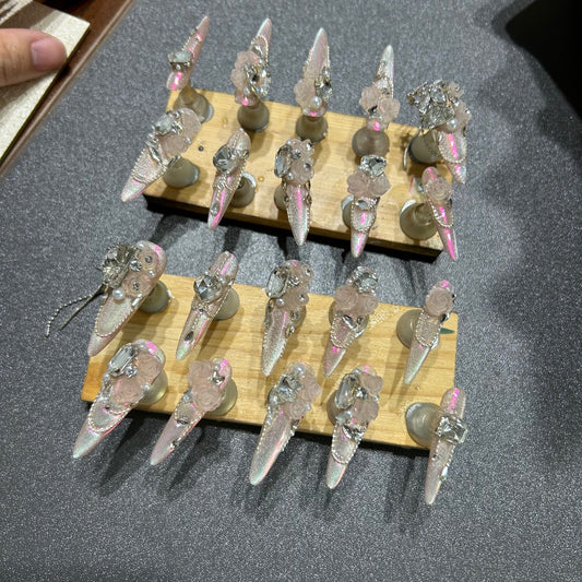 Handcrafted Designer Nude Pink Press-on Nails - Shimmering Cat Eye Base with Heavy 3D Rose Flowers, Crystals and Pearl Drops