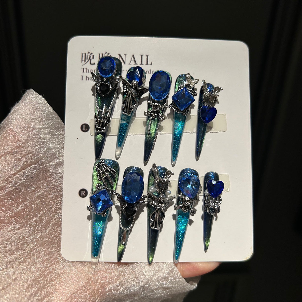Handmade Chameleon Blue Gothic Skeleton Long Stiletto Press On Nails with Blue Gem Charms