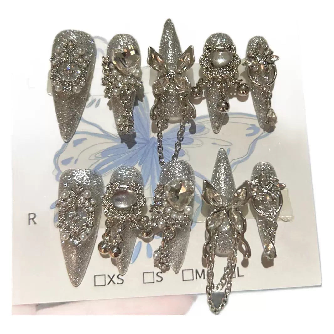 Handcrafted Designer Silver Press-on Nails - Shimmering Cat Eye Base with Heavy 3D Crystals, Pearls and Interconnected Chains