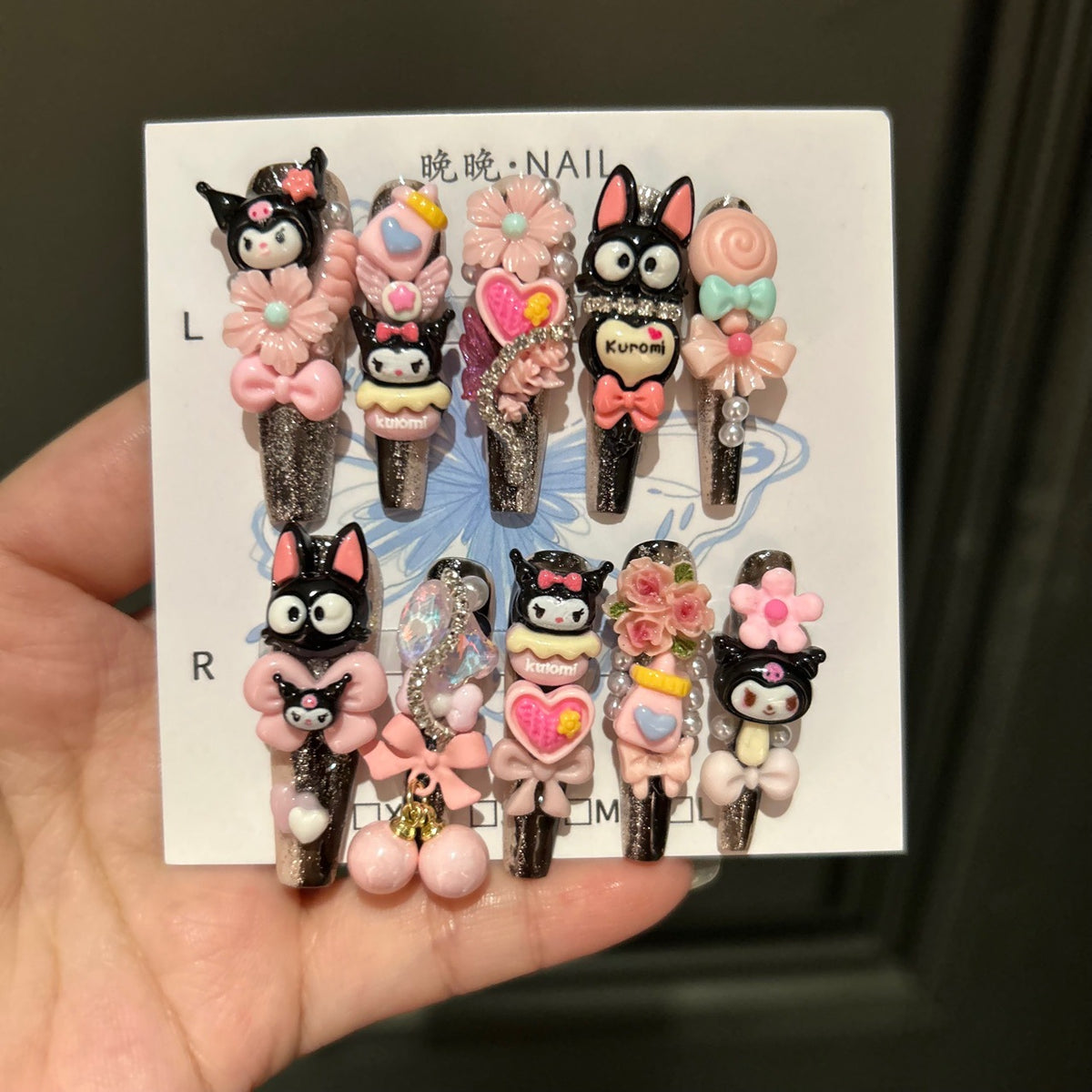 Handmade Kuromi Kawaii Long Stiletto Press On Nails with 3D Resin Charms, Pink Bows & Flowers