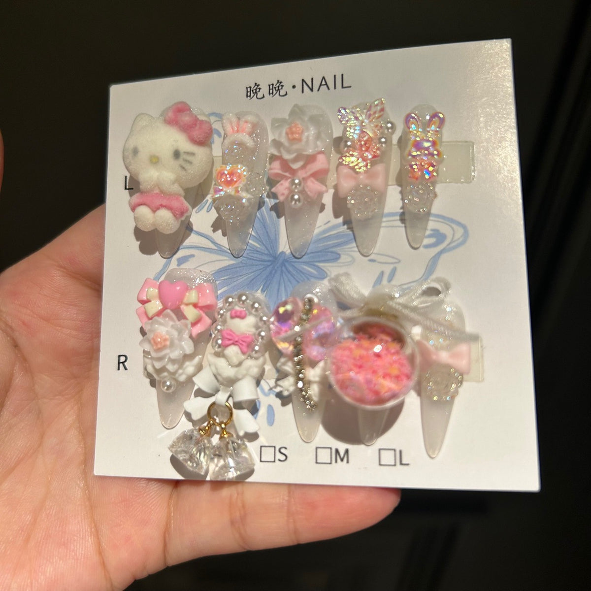 Handmade Clear Glitter Long Stiletto Press On Nails with 3D Flocked Cartoon Character, Bows & Shaker Bubble Charms