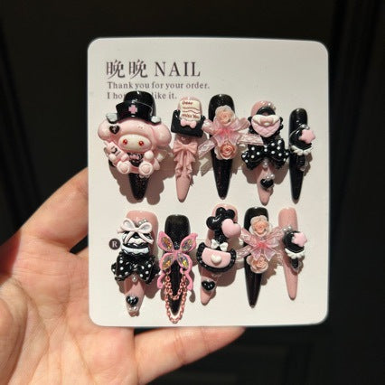 Handmade Pink Black Polka Dot Long Stiletto Press On Nails with 3D Cartoon Character, Bows & Rose Charms