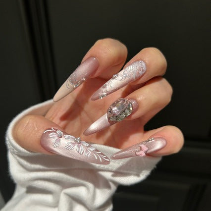Fairy Core Bridal Luxury Glam Press-on Nails - Long Stiletto with Nude Shimmer Base, Large Crystal and 3D Floral Accents