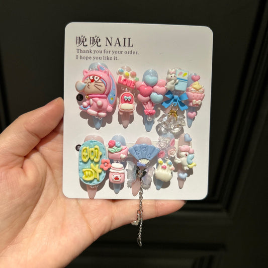 Handmade Cute Cartoon Long Stiletto Press On Nails, 3D Kawaii Character Rabbit Dessert False Nails with Heart Charms & Dangling Chains