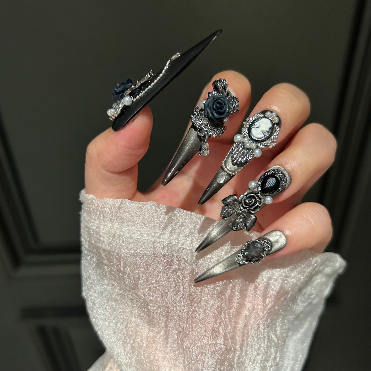 Handmade Gunmetal Metallic Long Stiletto Press On Nails with 3D Black Roses, Vintage Cameo Portrait Charms, Rhinestone Bows, Pearls & Crystal Drops