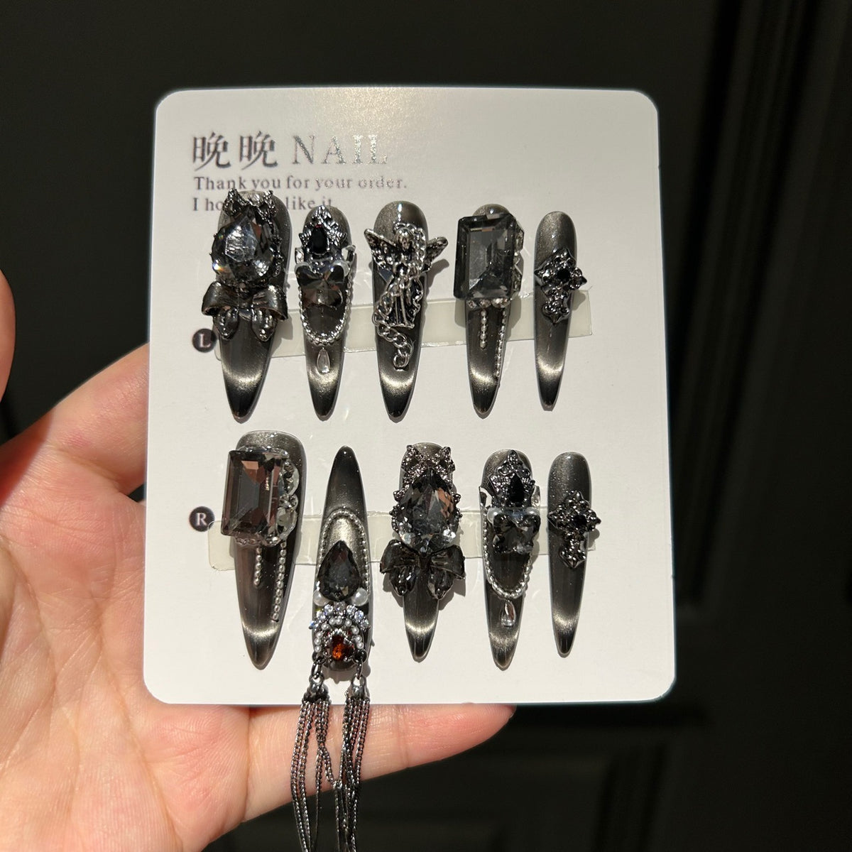 Handmade Metallic Black Angel Long Stiletto Press On Nails with Dark Crystals & Multi Chains