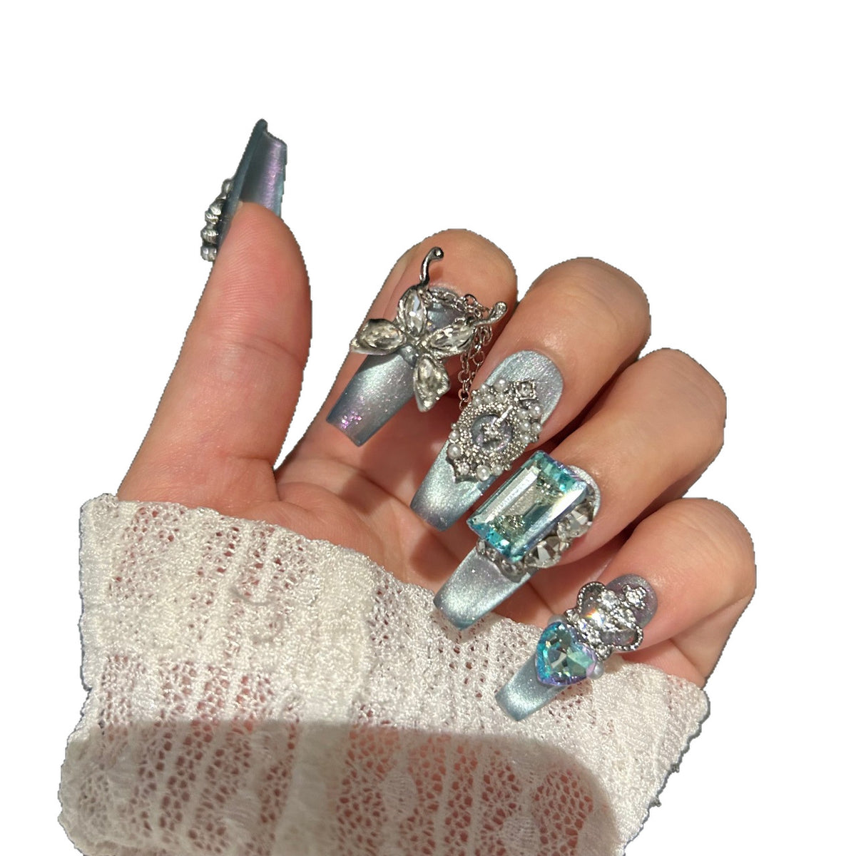 Handmade Ice Blue Cat Eye Long Coffin Press On Nails with Giant Aqua Crystals, Silver Butterfly Charms, Crown Ornaments & Hanging Chain Tassels