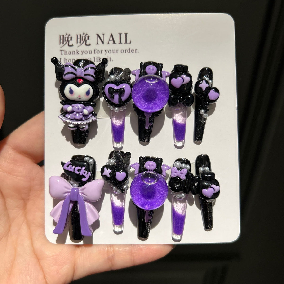 Handmade Black Purple Gradient Long Stiletto Press On Nails with 3D Kuromi, Heart & Shaker Bubble Charms