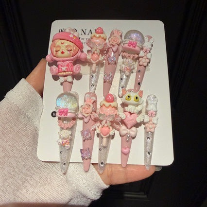 Handcrafted Luxury Kawaii Press-on Nails - Sweet Pink Theme with 3D Anime Figures, Bunnies and Bows