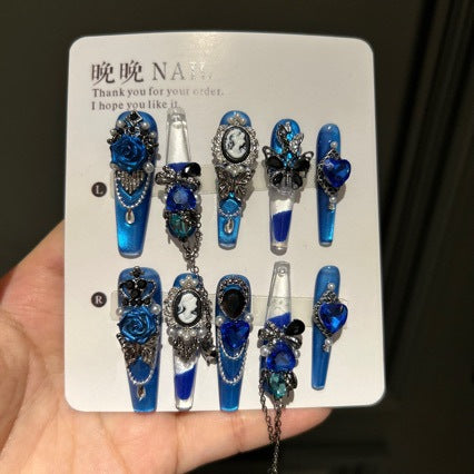 Handmade Royal Blue Vintage Long Coffin Press On Nails, Cameo Portrait False Nails with 3D Blue Rose, Butterfly, Pearls & Dangling Chains