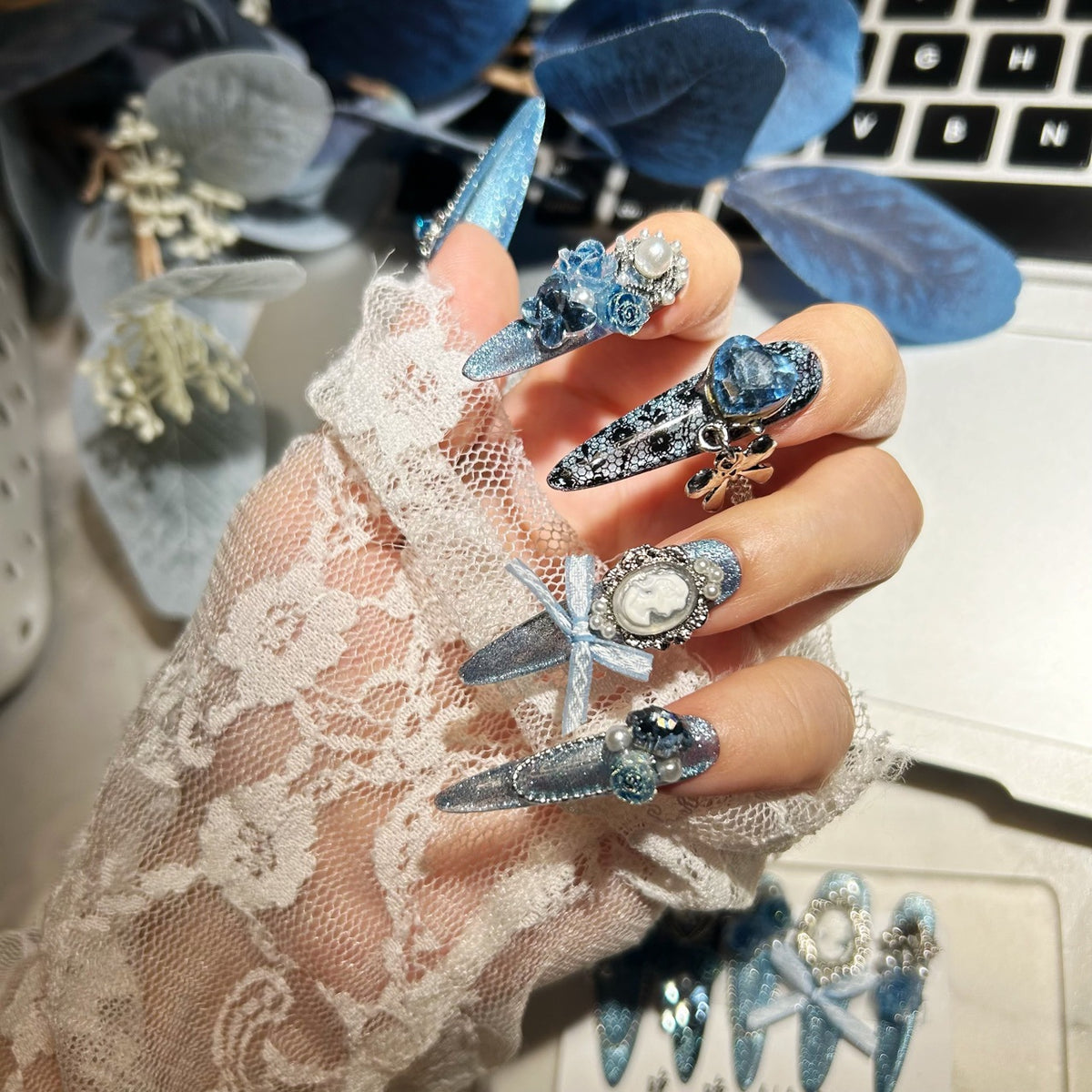 Handmade Sparkly Blue Glitter Long Stiletto Press On Nails with 3D Blue Roses, Vintage Cameo & Blue Heart Crystal Charms