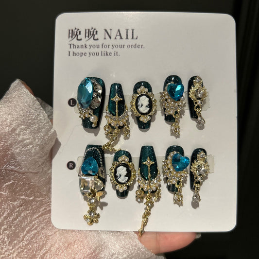 Handmade Dark Teal Glitter Long Coffin Press On Nails with Vintage Cameo Portrait, Large Aqua Blue Crystals, Gold Metal Charms & Dangling Chain Tassels