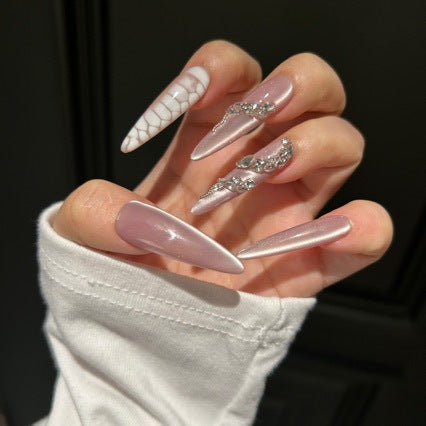 Handmade Nude Pink Cat Eye Press On Nails | Luxury Heavy Industry Snake Skin & Rhinestone Reusable Fake Nails, Edgy Nail Art