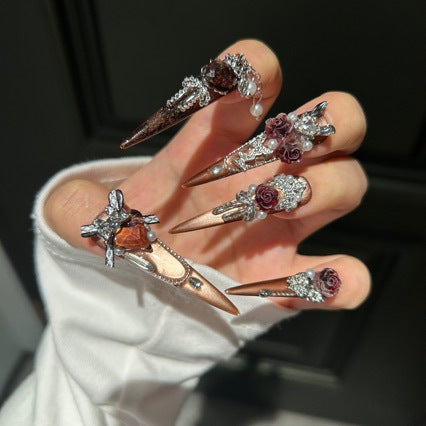 Handmade Vintage Rose Press On Nails | Luxury Heavy Industry 3D Flower & Gemstone Reusable Fake Nails, Dark Champagne Cat Eye Nail Art