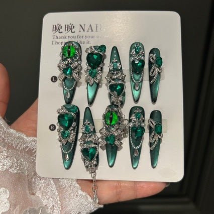 Handmade Emerald Green Cat Eye Long Stiletto Press On Nails with Evil Eye & Large Green Heart Crystal Charms