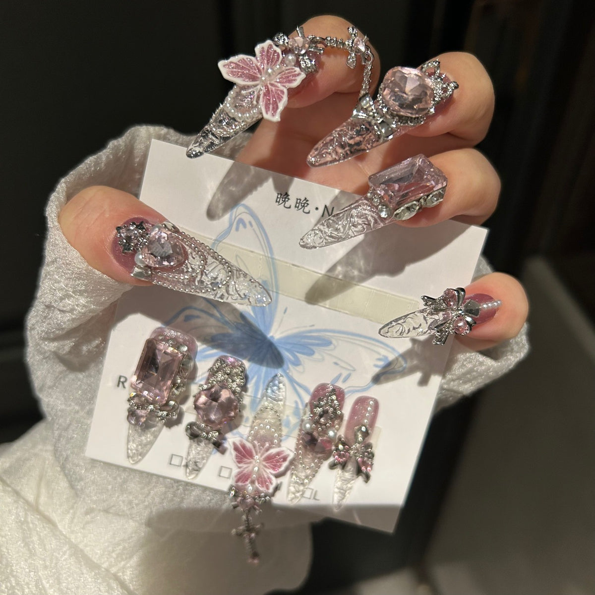 Handmade Clear Pink Lace Long Stiletto Press On Nails with Large Pink Crystals, Pink Butterfly Charms, Pearl Accents & Silver Rhinestone Chains