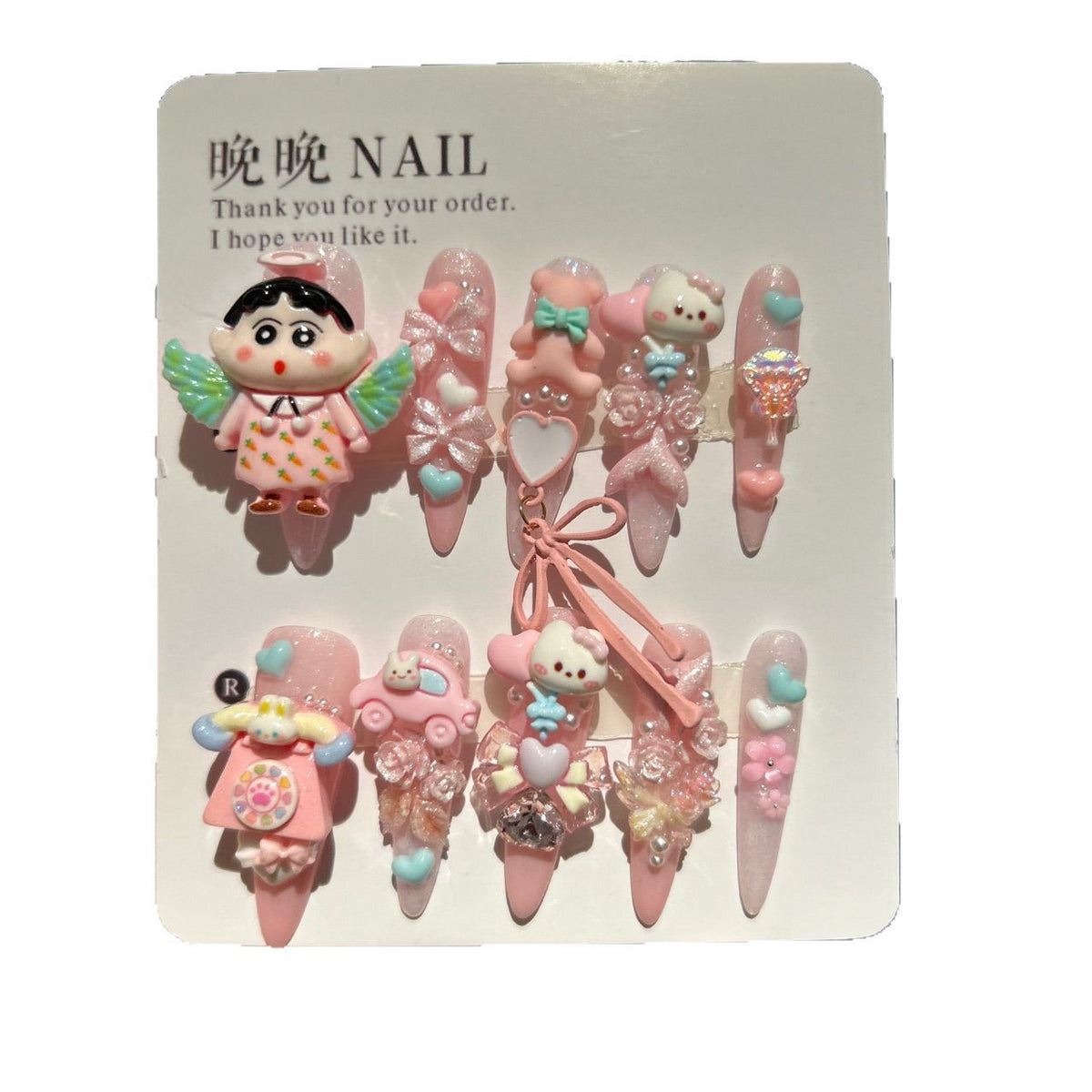 Handmade Kawaii Pink Glitter Long Stiletto Press On Nails with 3D Angel Crayon Shin-chan, Bear & Bunny Cartoon Charms