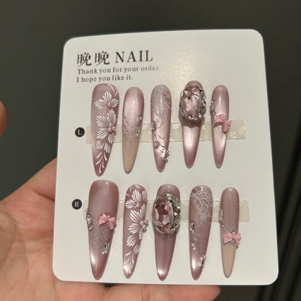 Fairy Core Bridal Luxury Glam Press-on Nails - Long Stiletto with Nude Shimmer Base, Large Crystal and 3D Floral Accents