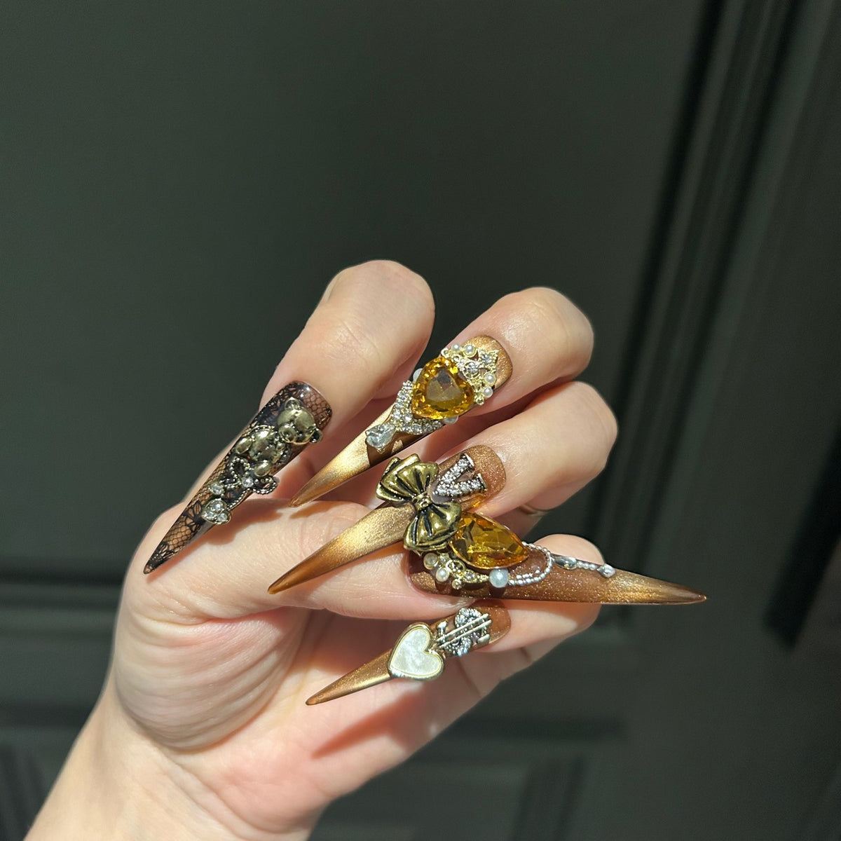 Handmade Bronze Metallic Long Stiletto Press On Nails with Amber Heart Crystals, Vintage Bear Charms, Antique Gold Bows, Lace Details & Pearls
