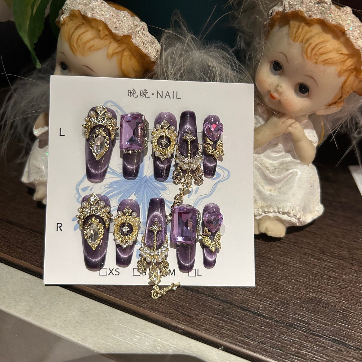 Handmade Purple Cat Eye Long Coffin Press On Nails with Amethyst Purple Crystals, Gold Moon Star Charms & Pearl Clusters